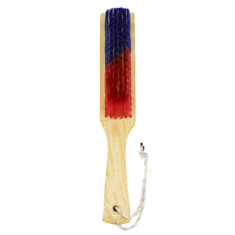 Wooden brush with red and blue bristles on a white background