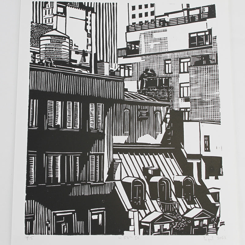 W 54th St. - Black - Limited Edition Linocut Print