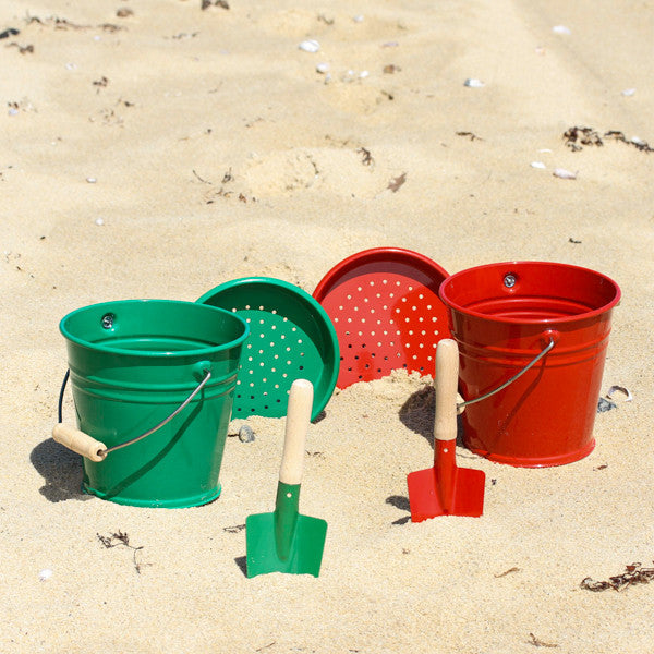 Enamel Red and Green Beach Bucket and Spades