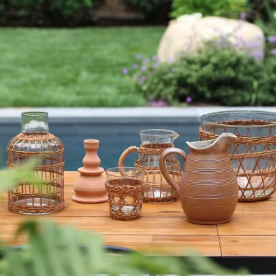 Woven Rattan Basket for glass carafe, jug, salad bowl, and tumbler. 