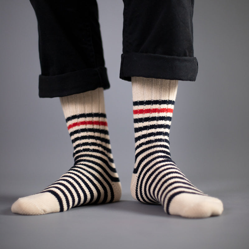 Recycled Cotton Socks - White with Navy Stripes